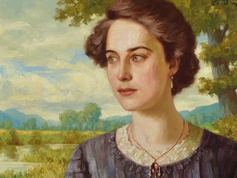 1868-Walter von Bongé - Ritratto di donna sullo sfondo di un paesaggio ideale
